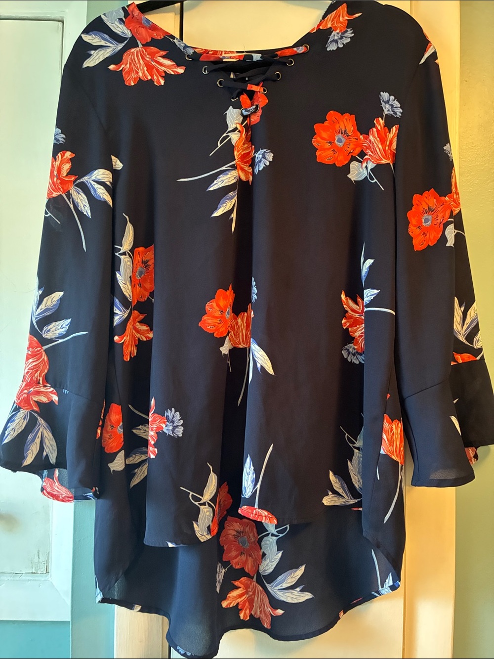 Maurices Navy Floral Lace-Up V-Neck Blouse with Red Flowers
